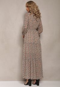 Renee - Beżowo-Granatowa Sukienka Maxi Boho Edei. Typ kołnierza: dekolt w kształcie V. Kolor: beżowy. Materiał: materiał, tkanina. Długość rękawa: długi rękaw. Typ sukienki: kopertowe. Styl: boho. Długość: maxi #3