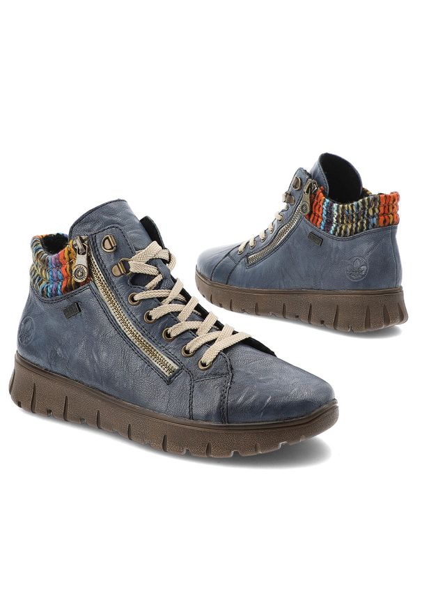 Niebieskie Botki Rieker Wygodne Buty Damskie. Zapięcie: zamek. Kolor: niebieski. Materiał: dzianina, skóra. Szerokość cholewki: normalna. Wzór: kolorowy