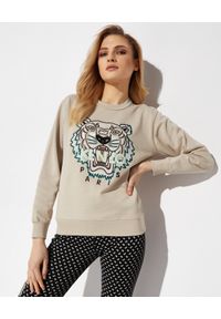 Kenzo - KENZO - Beżowa bluza z tygrysem. Kolor: beżowy. Materiał: bawełna. Długość rękawa: długi rękaw. Długość: długie. Wzór: haft