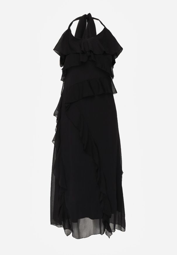 Born2be - Czarna Koktajlowa Sukienka Taliowana z Falbankami Wiązana na Szyi Demeina. Okazja: na co dzień. Typ kołnierza: kołnierz z falbankami. Kolor: czarny. Materiał: poliester. Typ sukienki: proste. Styl: wizytowy