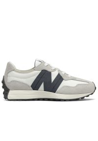 Buty młodzieżowe New Balance GS327FE - szare. Okazja: na co dzień. Zapięcie: sznurówki. Kolor: szary. Materiał: zamsz, materiał, syntetyk, guma. Szerokość cholewki: normalna. Sezon: lato