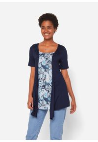 bonprix - Koszulka 2 w 1 z nadrukiem i okrągłym dekoltem. Kolor: niebieski. Długość rękawa: krótki rękaw. Długość: krótkie. Wzór: nadruk #1