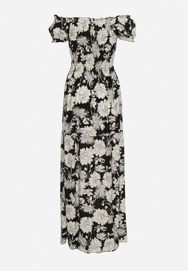 Born2be - Czarno-Biała Sukienka z Wiskozy Typu Hiszpanka z Marszczonym Dekoltem Yelbia. Typ kołnierza: dekolt hiszpanka. Kolor: czarny. Materiał: wiskoza. Wzór: kwiaty