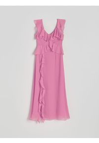 Reserved - Sukienka midi - różowy. Kolor: różowy. Materiał: tkanina. Długość: midi