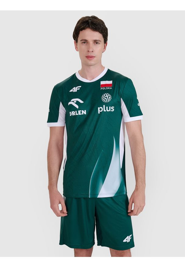 4f - 4F Koszulka meczowa replika męska 4F x Polska Siatkówka - zielona 3XL. Kolor: zielony. Materiał: dzianina, włókno, materiał, syntetyk. Wzór: aplikacja, gładki, ze splotem. Styl: klasyczny, sportowy