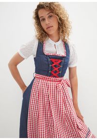 bonprix - Sukienka w ludowym stylu + fartuch (kompl. 2-częściowy), dł. do kolan. Kolor: niebieski. Materiał: len, bawełna. Długość: midi