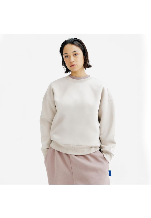 Decathlon - Bluza okrągły dekolt damska Elementals. Kolor: beżowy. Materiał: poliester, tkanina, bawełna, elastan, materiał, prążkowany