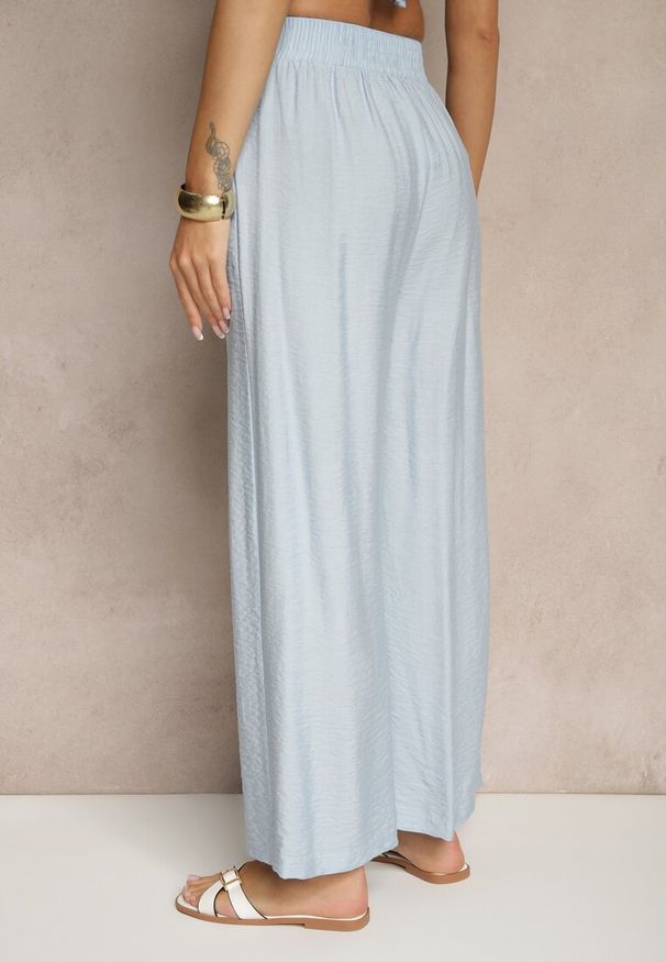 Renee - Niebieskie Szerokie Spodnie High Waist z Wiskozy z Gumką w Talii Lannalie. Okazja: na co dzień. Stan: podwyższony. Kolor: niebieski. Materiał: wiskoza. Styl: elegancki, casual