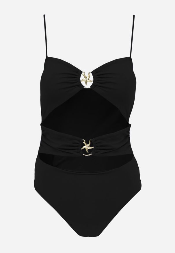 Born2be - Czarny Strój Kąpielowy Jednoczęściowy z Wycięciami i Ozdobnymi Metalicznymi Wstawkami Narilori. Kolor: czarny