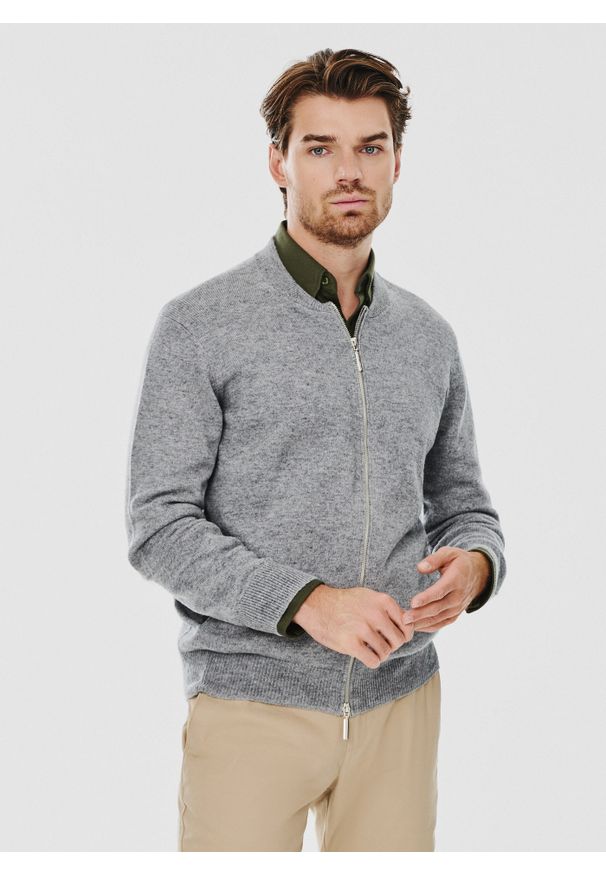 Pako Lorente - PAKO LORENTE – Sweter męski rozpinany w szarym kolorze. Kolor: szary, niebieski. Materiał: wełna, poliamid, bawełna. Sezon: jesień