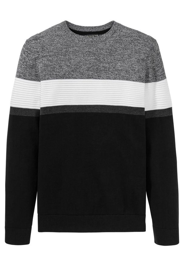 Sweter w paski bonprix czarno-biało-antracytowy melanż. Kolor: czarny. Materiał: bawełna, materiał. Wzór: melanż, paski. Styl: klasyczny
