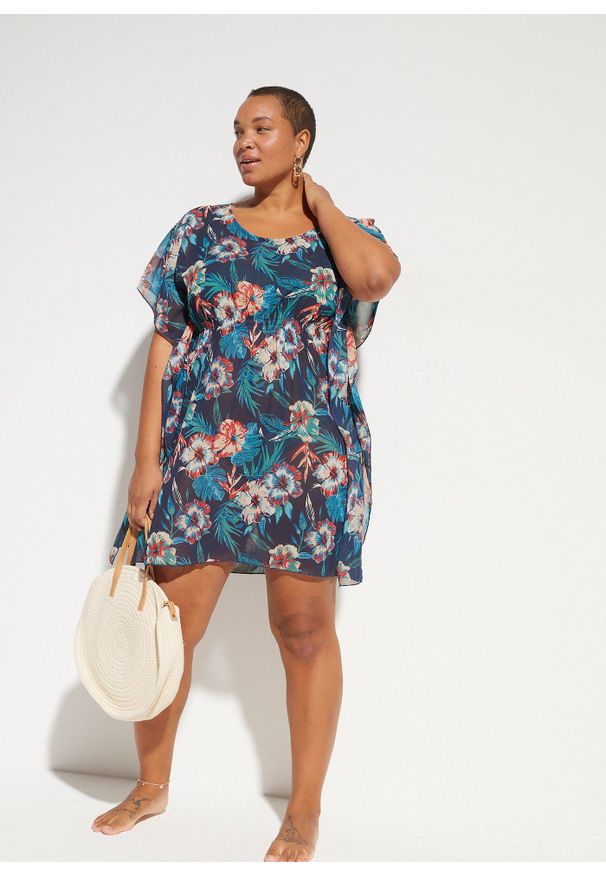 bonprix - Długa tunika plażowa z lekkiego szyfonu. Okazja: na plażę. Kolor: niebieski. Materiał: szyfon. Długość: długie. Wzór: nadruk