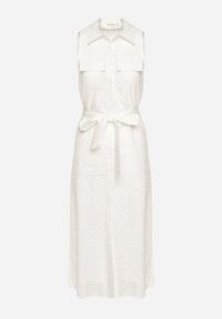 Born2be - Biała Bawełniana Sukienka Ażurowa o Koszulowym Kroju z Materiałowym Paskiem w Talii Vikiiana. Kolor: biały. Materiał: bawełna, materiał. Wzór: ażurowy. Typ sukienki: koszulowe. Styl: elegancki, wizytowy #2