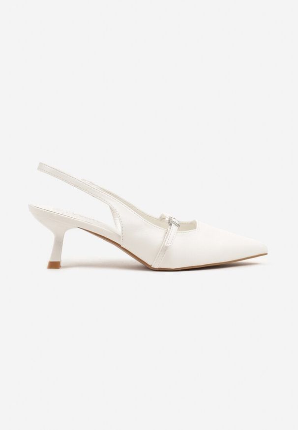 Renee - Białe Sandały na Kaczuszce Slingback z Paskiem i Klamrą Elearela. Okazja: na co dzień. Zapięcie: klamry. Kolor: biały. Materiał: jeans. Wzór: aplikacja. Obcas: na szpilce. Styl: elegancki, casual