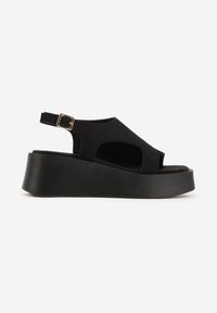 Born2be - Czarne Sandały na Platformie i Koturnie z Paskiem na Duży Palec Rodenos. Okazja: na co dzień. Zapięcie: pasek. Kolor: czarny. Materiał: len. Obcas: na koturnie. Styl: casual #2