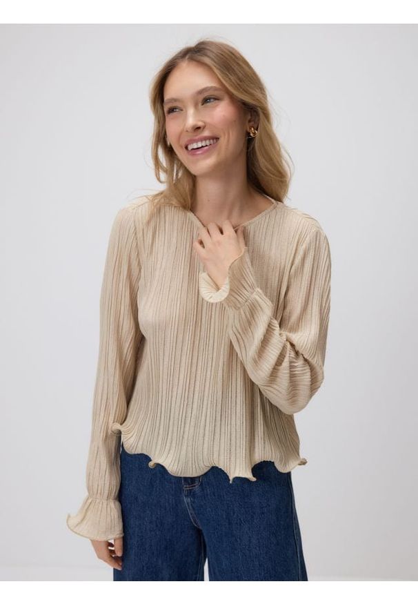 Reserved - Bluzka w prążki - beżowy. Kolor: beżowy. Materiał: dzianina. Wzór: prążki