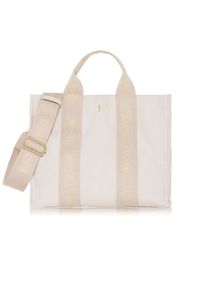 Ochnik - Kremowa damska torebka typu tote bag. Kolor: beżowy. Wzór: paski, aplikacja. Materiał: zdobione. Styl: casual, elegancki, klasyczny #1