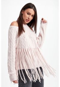 Pinko - Sweter damski wełniany Shakerato PINKO. Materiał: wełna. Długość: długie. Wzór: ażurowy, ze splotem, aplikacja #1