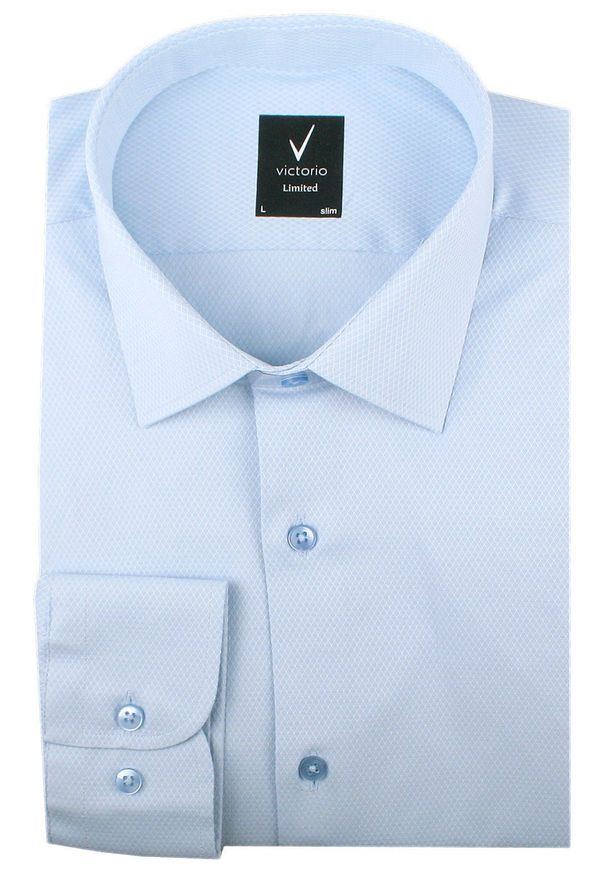 Wyszczuplona, Elegancka Koszula Męska - Victorio - Błękit. Kolor: niebieski. Materiał: poliester, bawełna, elastan. Styl: elegancki