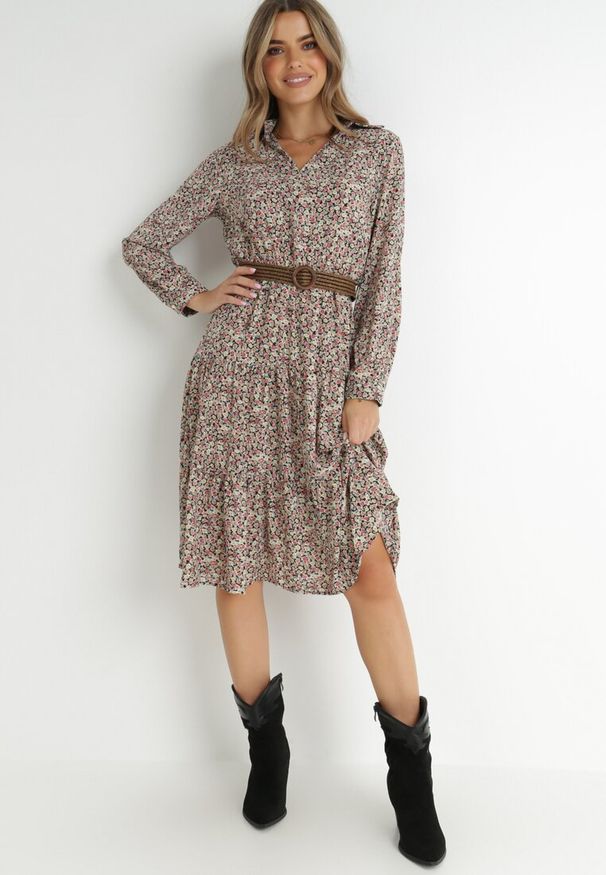 Born2be - Beżowo-Czarna Sukienka Ampissa. Typ kołnierza: kołnierz z falbankami. Kolor: beżowy. Wzór: nadruk, aplikacja, kwiaty. Styl: klasyczny. Długość: midi