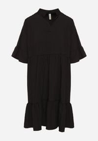 Born2be - Czarna Sukienka Rozkloszowana z Wiskozą Ozdobiona Falbanami Eviriane. Okazja: na co dzień. Typ kołnierza: dekolt w serek. Kolor: czarny. Materiał: wiskoza. Wzór: aplikacja. Typ sukienki: proste. Styl: casual #5