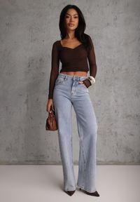 Renee - Ciemnobrązowa Bluzka Longsleeve z Siateczki z Wiskozą z Dekoltem w Serce Elinevia. Kolor: brązowy. Materiał: wiskoza. Długość rękawa: długi rękaw #6