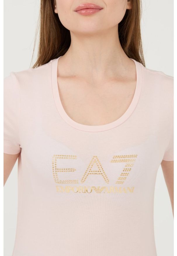 EA7 Emporio Armani - EA7 Różowy t-shirt z cyrkoniami. Kolor: różowy