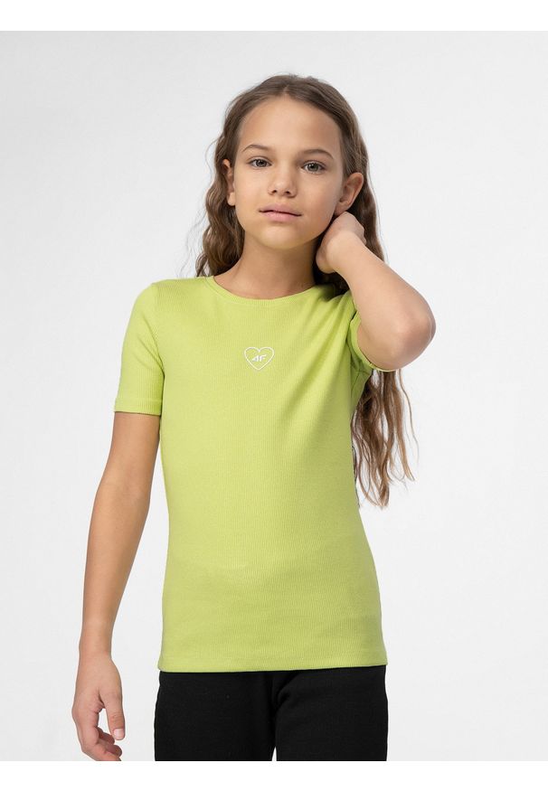 4f - T-shirt w prążki dziewczęcy. Kolor: zielony. Materiał: bawełna. Wzór: prążki