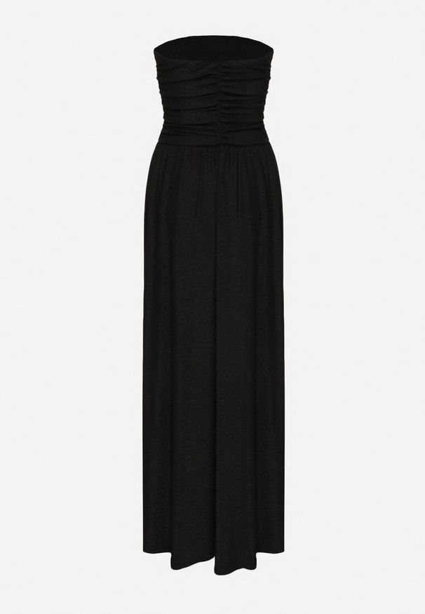 Born2be - Czarna Sukienka Koktajlowa Bandeau z Wiskozą Ozdobiona Marszczeniem Nalithae. Okazja: na co dzień. Kolor: czarny. Materiał: wiskoza. Wzór: aplikacja. Styl: wizytowy