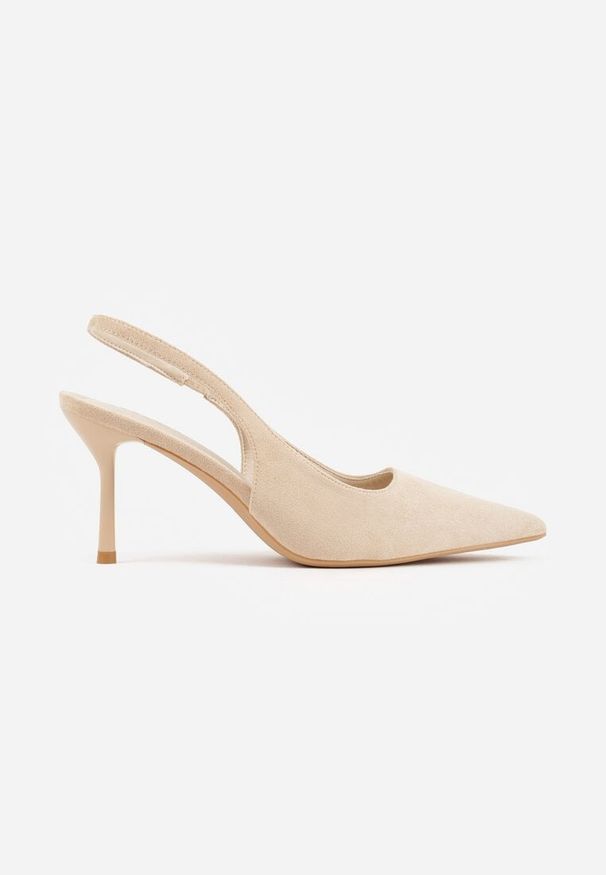 Renee - Beżowe Sandały Slingback na Szpilce z Imitacji Zamszu Carilona. Kolor: beżowy. Materiał: zamsz. Obcas: na szpilce. Styl: elegancki, wizytowy