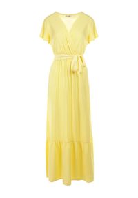 Born2be - Żółta Sukienka Diomeira. Kolor: żółty. Materiał: tkanina. Wzór: jednolity, gładki. Typ sukienki: kopertowe. Styl: klasyczny, elegancki. Długość: maxi #8