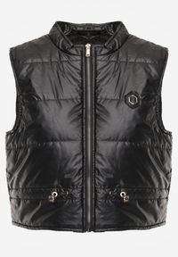 Renee - Czarna Kamizelka o Krótkim Kroju ze Ściągaczem w Talii i Naszywką Mevannae. Okazja: na spotkanie biznesowe. Kolor: czarny. Materiał: jeans. Długość: krótkie. Wzór: aplikacja. Styl: biznesowy, elegancki #2