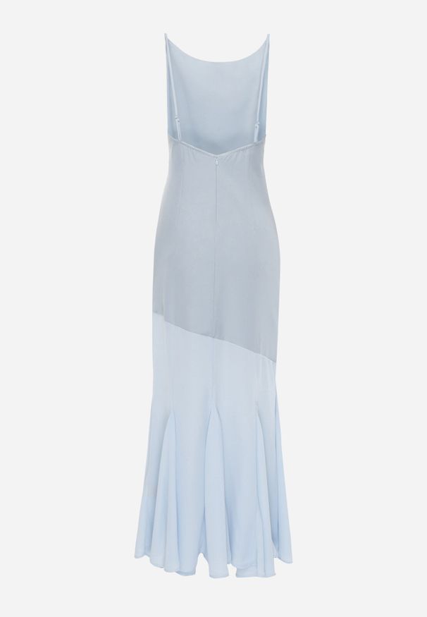 Born2be - Niebieska Elegancka Sukienka z Łączonych Materiałów z Odkrytymi Plecami i Falbankami Kalice. Okazja: na randkę, na wesele, na imprezę, na ślub cywilny. Typ kołnierza: kołnierz z falbankami. Kolor: niebieski. Materiał: materiał. Długość rękawa: na ramiączkach. Wzór: aplikacja. Typ sukienki: proste. Styl: elegancki