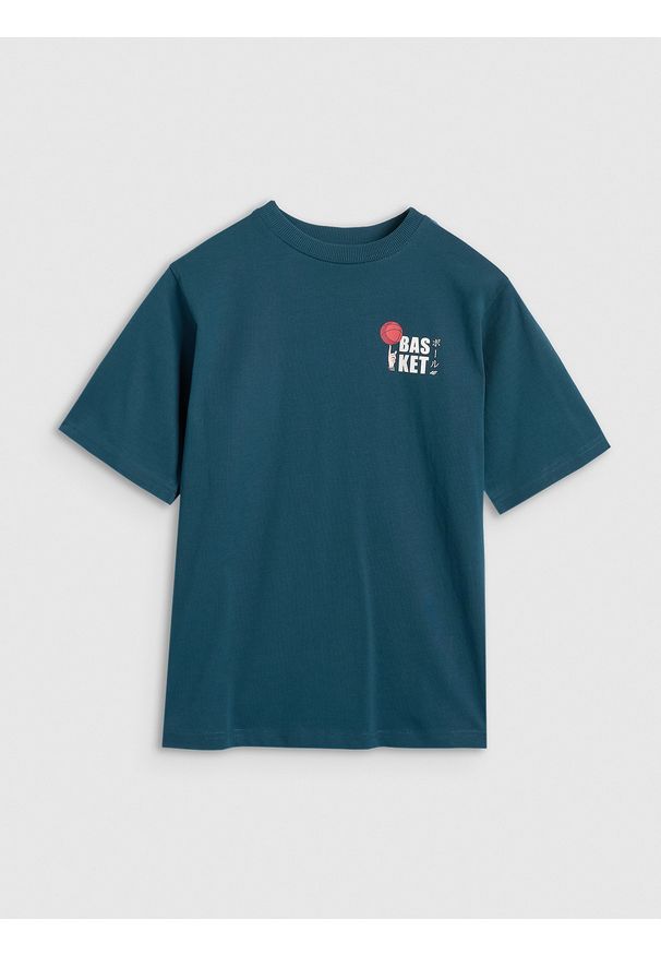 4f - 4F T-shirt oversize z nadrukiem chłopięcy - turkusowy 164 (13-14 lat). Okazja: na co dzień. Kolor: turkusowy. Wzór: nadruk. Sezon: lato. Styl: casual