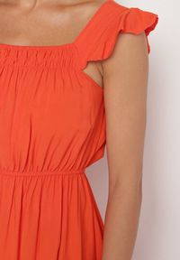 Born2be - Pomarańczowa Sukienka z Wiskozą o Rozkloszowanym Kroju z Gumką w Pasie Lirimere. Okazja: na co dzień. Typ kołnierza: kołnierz z falbankami. Kolor: pomarańczowy. Materiał: wiskoza. Długość rękawa: na ramiączkach. Styl: elegancki, casual #4