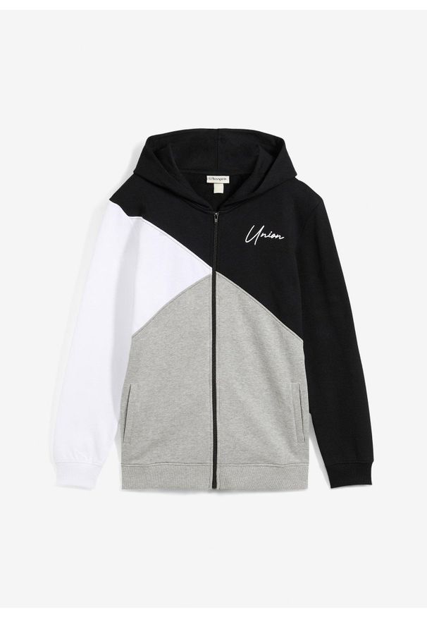 bonprix - Bluza rozpinana z kapturem, o kroju loose fit z czystej bawełny organicznej. Typ kołnierza: kaptur. Kolor: czarny. Materiał: bawełna
