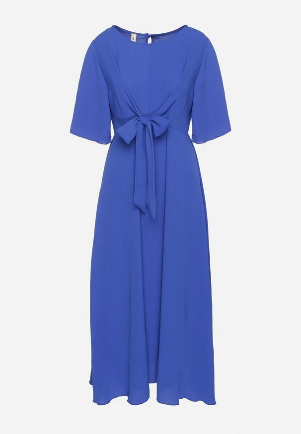 Born2be - Granatowa Sukienka Maxi z Ozdobnym Wiązaniem i Gumką w Talii Myrcella. Kolor: niebieski. Długość: maxi