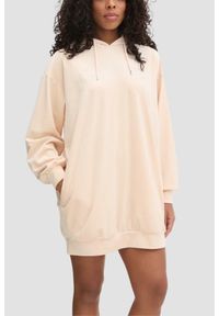 Guess - GUESS Beżowa damska długa welurowa bluza Couture. Kolor: beżowy. Materiał: welur. Długość: długie