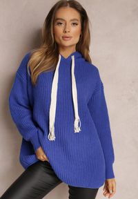 Renee - Granatowy Sweter Oversize z Kapturem Ukuroa. Typ kołnierza: kaptur. Kolor: niebieski. Sezon: zima