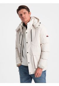 Ombre Clothing - Zimowa kurtka męska z odpinanym kapturem i kieszeniami cargo - kremowa V2 - Rozmiar: S. Kolor: kremowy. Materiał: poliester. Sezon: zima