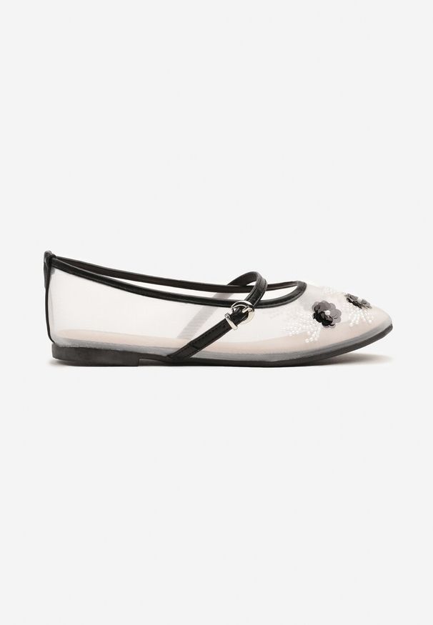 Renee - Czarne Balerinki Transparentne w Stylu Mary Jane z Kwiatowymi Zdobieniami Nelritia. Zapięcie: pasek. Kolor: czarny. Materiał: jeans. Wzór: kwiaty, aplikacja. Obcas: na obcasie. Wysokość obcasa: niski