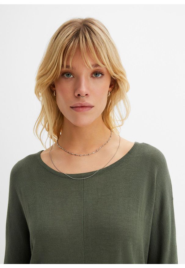 bonprix - Sweter z cienkiej dzianiny z rękawami 3/4. Kolor: zielony. Materiał: dzianina. Wzór: ze splotem. Styl: elegancki