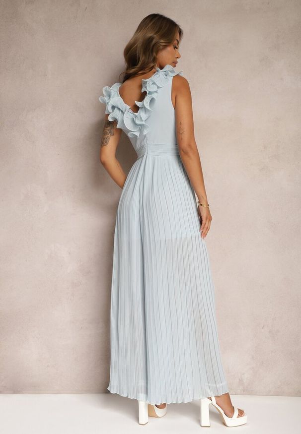 Renee - Niebieski Taliowany Koktajlowy Kombinezon z Szerokimi Nogawkami Ozdobiony Falbanami Gealfrea. Kolor: niebieski. Wzór: aplikacja. Styl: wizytowy