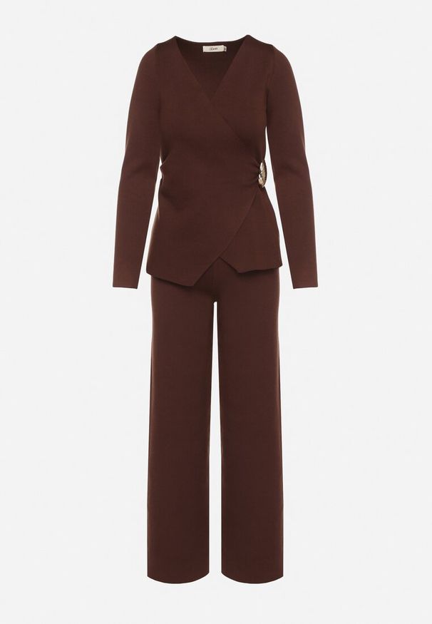 Born2be - Brązowy Komplet z Wiskozą Kopertowy Sweter z Broszką i Szerokie Spodnie Esnna. Kolor: brązowy. Materiał: wiskoza