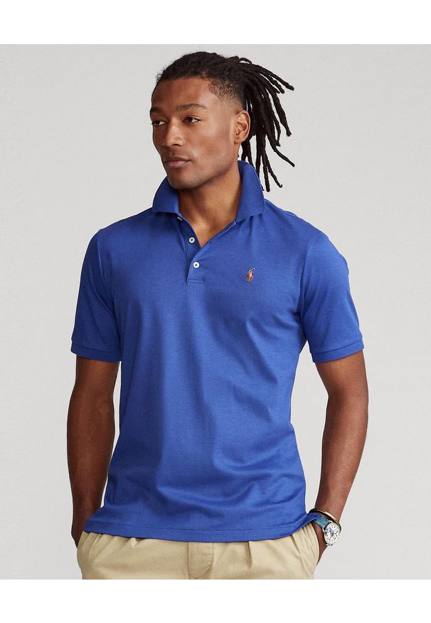 Ralph Lauren - RALPH LAUREN - Granatowa koszulka polo Soft Cotton Custom Slim Fit. Typ kołnierza: polo. Kolor: niebieski. Materiał: bawełna, prążkowany. Wzór: kolorowy