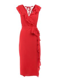 Born2be - Czerwona Sukienka Mellothee. Okazja: na imprezę. Typ kołnierza: kołnierz z falbankami. Kolor: czerwony. Materiał: materiał. Typ sukienki: kopertowe. Styl: wizytowy, elegancki. Długość: midi #2