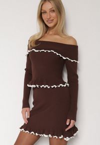 Born2be - Brązowy Dzianinowy Komplet z Wiskozą Spódnica i Bluzka z Odkrytymi Ramionami Zozfira. Kolor: brązowy. Materiał: dzianina, wiskoza #7
