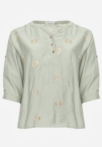 Born2be - Zielona Wiskozowa Koszula Boho z Haftem i Podpinanymi Rękawami 3/4 Cheridenah. Okazja: na co dzień. Kolekcja: plus size. Kolor: zielony. Materiał: wiskoza. Wzór: haft. Styl: boho #1