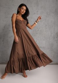 Renee - Brązowa Rozkloszowana Sukienka z Bawełny z Wiązanymi Ramiączkami Milistia. Okazja: na co dzień. Typ kołnierza: dekolt gorset. Kolor: brązowy. Materiał: bawełna. Długość rękawa: na ramiączkach. Typ sukienki: gorsetowe. Styl: casual, elegancki #4