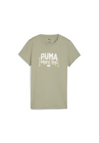 Puma - Damska koszulka z grafiką w uniwersyteckim stylu PUMA Lux Army Green. Kolor: zielony. Sport: fitness